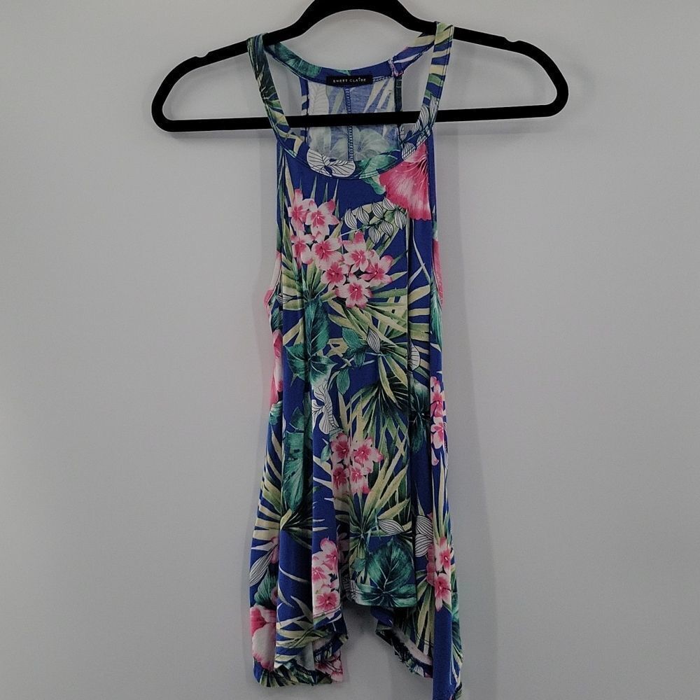 Sweet Claire Blue tank top w/multi color flowers  size S
